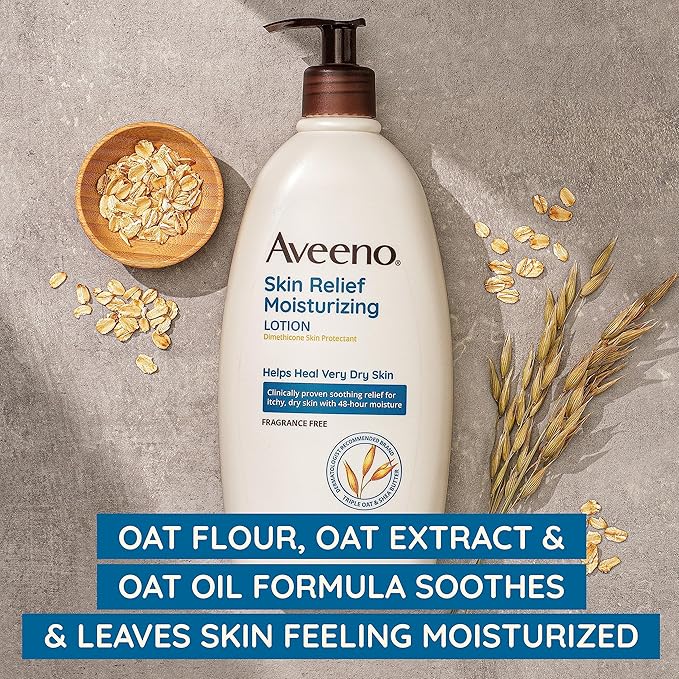 Aveeno Skin Relief Moisturizing Lotion for Very Dry, Itchy Skin with Soothing Triple Oat & Shea Butter Formula, Fragrance Free, 12 Fl. Oz-Velvo Beauty