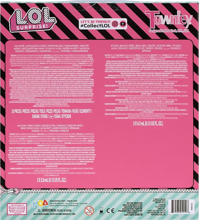 LOL Surprise Townley Girl 11 Pcs Sparkly Cosmetic Makeup Set for Kids Includes 5 Lip Gloss, 5 Nail Polish & Nail Stickers for Girls Tweens, Ages 3+ Perfect for Parties, Sleepovers and Makeovers-Velvo Beauty