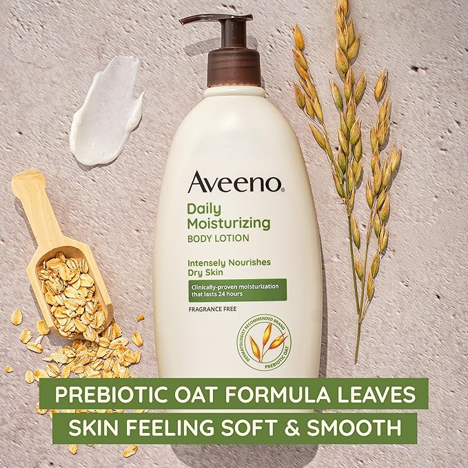 Aveeno Daily Moisturizing Body Lotion with Soothing Prebiotic Oat, Gentle Lotion Nourishes Dry Skin With Moisture, Paraben-, Dye- & Fragrance-Free, Non-Greasy & Non-Comedogenic, 12 fl. Oz-Velvo Beauty