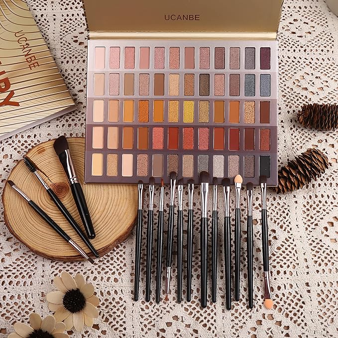 UCANBE 60 Colors Naked Eyeshadow Palette + Makeup Brush Set, All in One Nude Neutral Smokey Makeup Pallet with Brushes, Pigmented Warm Matte Shimmer Powder Eye Shadows Cosmetic Halloween Beauty Kit-Velvo Beauty