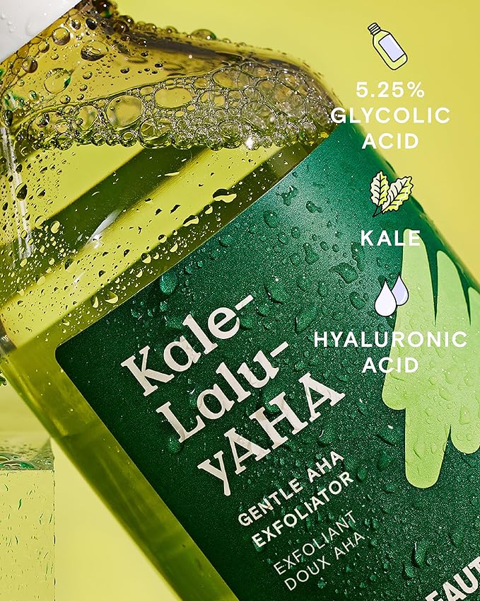 Krave Beauty Kale-Lalu-yAHA - Gentle 5.25% AHA Exfoliator with Glycolic Acid, Hyaluronic Acid, and Vitamin-Rich Kale for Texture, Discoloration, and Dead Skin Cells, Vegan and Cruelty-Free, 6.76 fl oz-Velvo Beauty