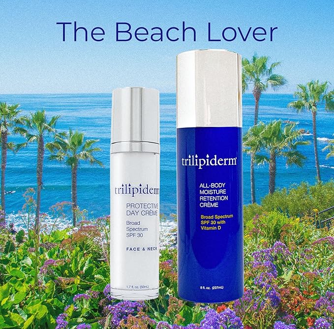 Trilipiderm Beach Lover Bundle- All-Body Moisture Retention Crème Sunscreen (8oz) & Protective Day Crème Broad Spectrum SPF 30 (1.7oz), Sunscreen Lotion UVA/UVB Set for Face, Body, Travel Size-Velvo Beauty