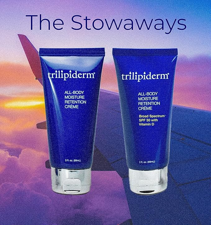 Trilipiderm Travel Size Moisturizer Sunscreen 3oz – The Stowaways Overnight, Travel Size, Getaway – Hydration for Body and Face 1 x SPF 30 Sunblock and 1 x All-Body Moisturizer-Velvo Beauty