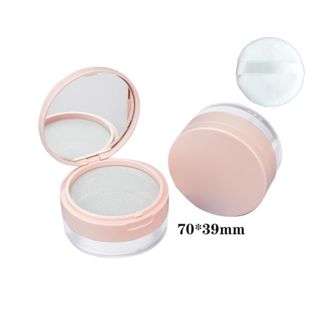 Loose Powder Cocntainer No Leaks Empty Reusable Plastic Loose Powder Compact Container Makeup Powder Case with Sponge Powder Puff,Elasticated Net Sifter and Pink Threaded Screw Lid-Velvo Beauty