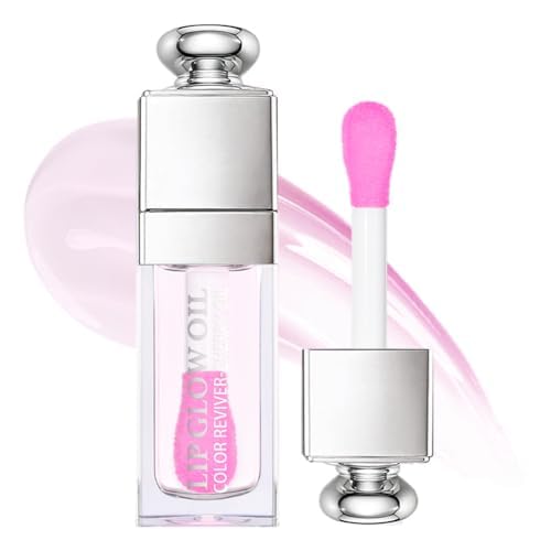 Plumping Lip Oil,Hydrating Gloss Tinted Lip Balm Transparent Lip Care,Big Brush Head Glitter Shine,Long Lasting Nourishing Non-sticky Fresh Textureand Dry Lips Care Products0.2 OZ(002#CLEAR TO PINK)-Velvo Beauty