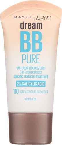 Maybelline Dream Pure Skin Clearing BB Cream, 8-in-1 Skin Perfecting Beauty Balm With 2% Salicylic Acid, Sheer Tint Coverage, Oil-Free, Light/Medium, 1 Count-Velvo Beauty