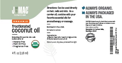 J MAC BOTANICALS Organic Fractionated Coconut Oil (4 oz Glass Bottle) Organic Carrier Oil and moisturizer-Velvo Beauty