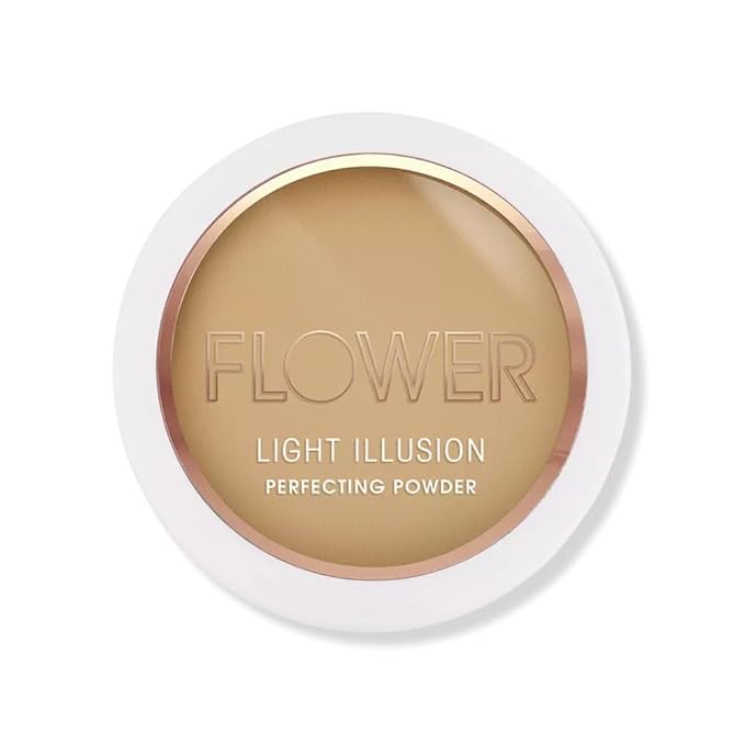 FLOWER Beauty By Drew Barrymore Light Illusion Perfecting Powder - Powder Foundation + Setting Powder for Makeup - Medium Buildable Coverage - Natural Glow + Flawless Finish - Mirror + Sponge Include d (Caramel)-Velvo Beauty