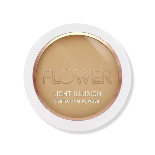 FLOWER Beauty By Drew Barrymore Light Illusion Perfecting Powder - Powder Foundation + Setting Powder for Makeup - Medium Buildable Coverage - Natural Glow + Flawless Finish - Mirror + Sponge Include d (Caramel)-Velvo Beauty