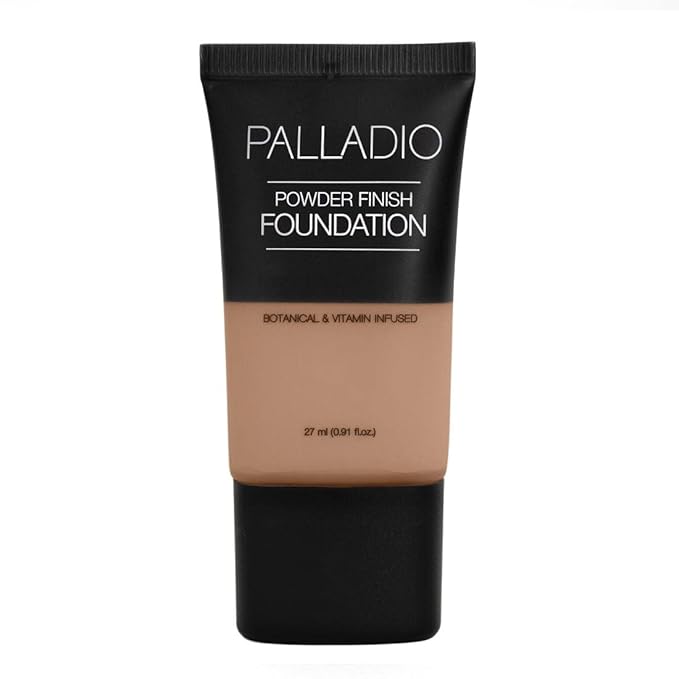 Palladio Powder Finish Liquid Foundation, Natural Matte Appearance, Reduces Fine Lines, Covers Large Pores, Hides Imperfections, All Day Wear, Sheer to Medium Coverage, Caramel-Velvo Beauty