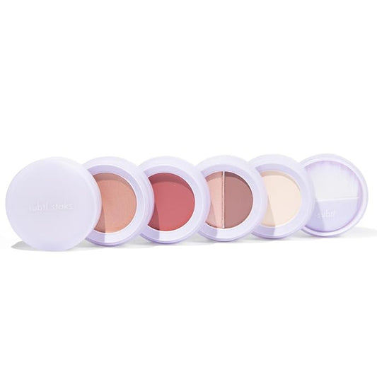 Subtl Beauty 4-in-1 travel makeup kit by subtl staks | eyeshadow duo, shine control powder, cream highlighter, lip and cheek | includes mirror lid and mini brush | stackable makeup designed for travel-Velvo Beauty