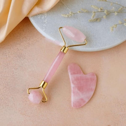 Rose Quartz Roller and Gua sha Set | Reduces Wrinkles, Fine lines and Dark Circles | Pink Jade Roller | Anti-aging Massager for Skin Toning and Tightening for Face, Eyes, Neck-Velvo Beauty