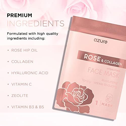 AZURE Rose & Collagen Hydrating Facial Sheet Mask - Toning, Lifting & Deeply Moisturizing - Reduces Fine Lines & Wrinkles, Reduces Signs of Aging & Dry Patches - Skin Care Made in Korea - 10 Pack-Velvo Beauty