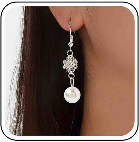 Vintage Rhinestone Pearl Drop Earrings Crystal Flower Dangle Earrings Silver Pearl Earring Cz Flower Hook Earrings Jewelry for Women-Velvo Beauty