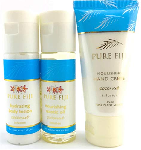 Pure Fiji Nourishing Trio, Ideal Spa Bath Gift Set for Women - Travel Kit - Includes Exotic Body Oil , Hydrating Body Lotion For Women and Nourishing Hand Cream, Coconut Scent-Velvo Beauty