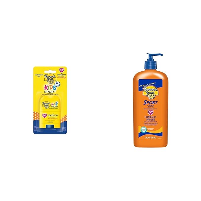 Banana Boat Kids Sport Sunscreen Stick SPF 50 Travel Size 0.5oz & Sport Ultra Sunscreen Lotion SPF 50 Family Size 12oz-Velvo Beauty
