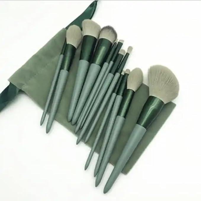 Foundation Makeup Brush Set Kit | 13 Pcs Premium Synthetic Kabuki Eye Shadows Make Up Brushes + 1 Sponge + 1 Brush Bag for Travel and Home Use (GREEN)-Velvo Beauty