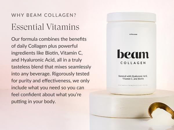 Beam Collagen Powder, Collagen for Women, Collagen with Hyaluronic Acid, Collagen Peptides Type 1 and 3, with Biotin, Grass Fed Bovine, Third-Party Tested, Best for Coffee, Vitamin C, 60 Servings-Velvo Beauty
