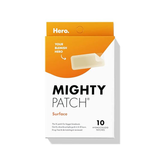 Mighty Patch Surface Large Pimple Patches for Face from Hero Cosmetics, Acne Spot for Body, Cheek, Forehead, and Chin, Pimple Stickers, Hydrocolloid Covers, Vegan-friendly, 10 Count-Velvo Beauty