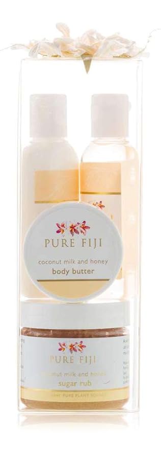 PURE FIJI Spa Gifts for Women and Man - Body Gift Box Include: Sugar Scrub 2 Oz, Bath and Body Oil 1/2 Oz, Body Butter and Body Lotion 1 Oz, Scent Сoconut Milk and Honey-Velvo Beauty