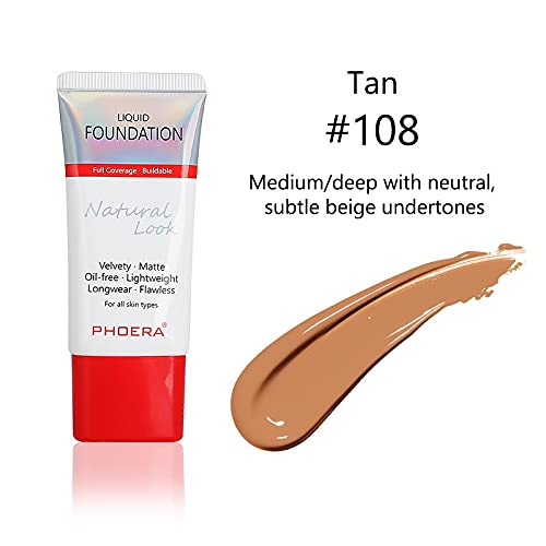 AQUAPURITY PHOERA Full Coverage Foundation New Formula Waterproof Long Lasting Oil Free Velvet Matte Liquid Foundation for Oily Skin Flawless Makeup Base Cream Concealer (108 Tan)-Velvo Beauty