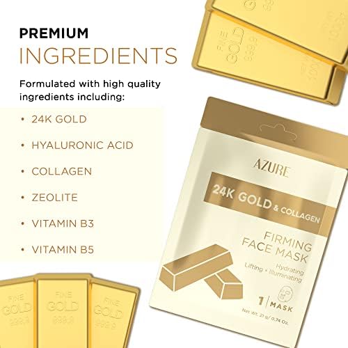 AZURE 24K Gold Firming Face Mask- Anti Aging, Hydrating, Toning & Firming Facial Sheet Mask - Helps Reduce Wrinkles & Fine Lines - With Hyaluronic Acid & Collagen - Skin Care Made in Korea - 10 Pack-Velvo Beauty