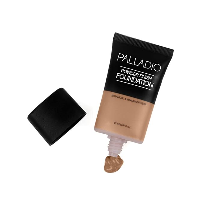 Palladio Powder Finish Liquid Foundation, Natural Matte Appearance, Reduces Fine Lines, Covers Large Pores, Hides Imperfections, All Day Wear, Sheer to Medium Coverage, Caramel-Velvo Beauty