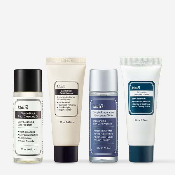 [DearKlairs] Skincare Trial Kits, 4 minis, cleansing oil, cleanser, toner, cream, Travel must haves, Gifts for Women, Stocking Stuffers for adults-Velvo Beauty