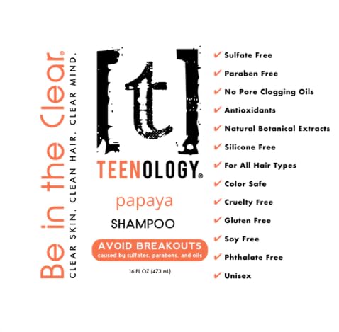 Teenology Shampoo for Teens - Avoid Forehead and Body Acne - No Sulfates or Parabens, Noncomedogenic, Natural Botanical Extracts, 16 oz. (Fresh Papaya)-Velvo Beauty