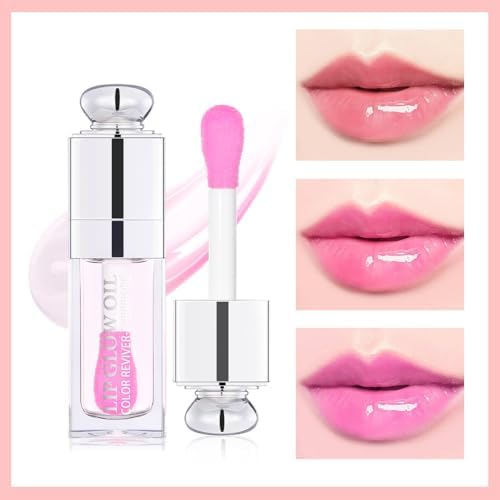 Plumping Lip Oil,Hydrating Gloss Tinted Lip Balm Transparent Lip Care,Big Brush Head Glitter Shine,Long Lasting Nourishing Non-sticky Fresh Textureand Dry Lips Care Products0.2 OZ(002#CLEAR TO PINK)-Velvo Beauty