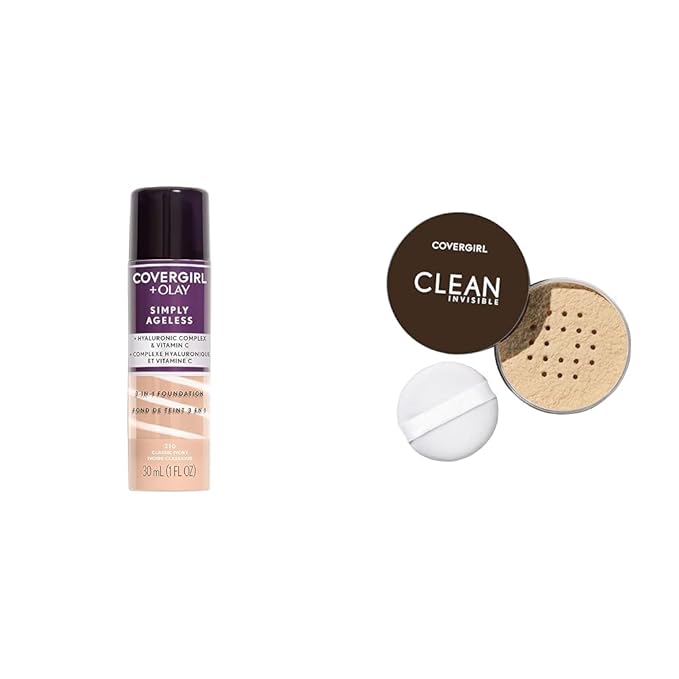 COVERGIRL+OLAY Simply Ageless 3-in-1 Liquid Foundation, Classic Ivory & Clean Invisible Loose Powder - Loose Powder, Setting Powder, Vegan Formula - Translucent Fair, 20g (0.7 oz)-Velvo Beauty