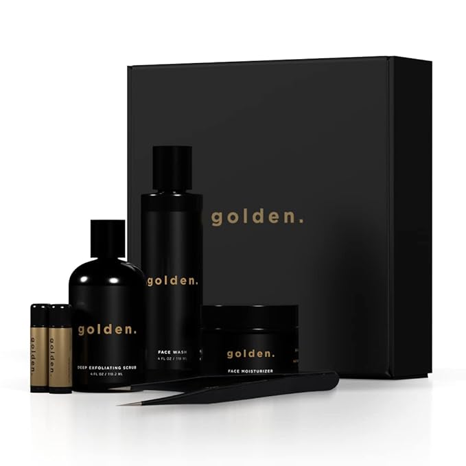 Golden Grooming Co. Essential Men's Skincare Routine Set - Complete Face Care System | Face Wash, Deep Exfoliating Scrub, Moisturizer | Tweezers & 2 Lip Balm Sticks Included | 30 Day Supply-Velvo Beauty