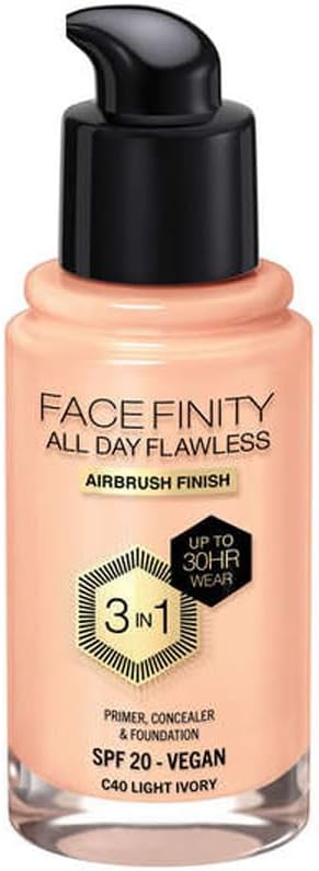 Max Factor Facefinity All Day Flawless 3 In 1 Foundation SPF 20, No. 40 Light Ivory-Velvo Beauty