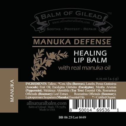 BALM OF GILEAD Manuka Defense Healing Lip Balm - Intensive Moisture Therapy in Tube w/Manuka, Tea Tree & Cooling Peppermint - Ideal for Chapped & Cracked Lips - Beauty Pack Of 4-0.15 oz-Velvo Beauty