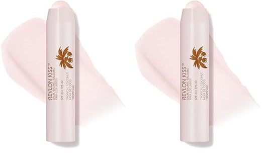 Revlon Lip Balm, Kiss Tinted Lip Balm, Face Makeup with Lasting Hydration, SPF 20, Infused with Natural Fruit Oils, 010 Tropical Coconut, 0.09 Oz (Pack of 2)-Velvo Beauty
