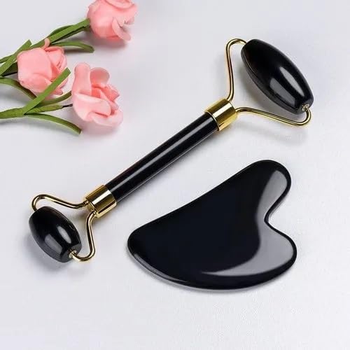 Black Obsidian Jade Facial Roller & Gua Sha Set 100% Natural Source from Highest Altitude of Himalayan Two-Sided Face Neck Massager Stone Beauty Tool-Velvo Beauty