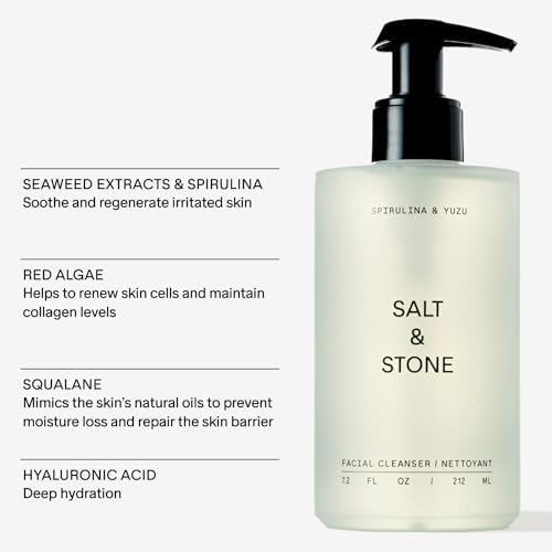 Salt & Stone Facial Cleanser for Women & Men, Spirulina & Yuzu Gentle Facial Wash with Hyaluronic Acid, Squalane, For All Skin Types, Vegan, Cruelty Free, 7.2 oz-Velvo Beauty