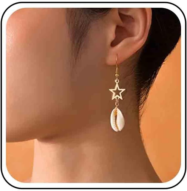 Vintage Cowrie Drop Earrings Puka Shell Dangle Earrings Gold Star Dangling Earrings Hollow Star Earrings Jewelry for Women-Velvo Beauty