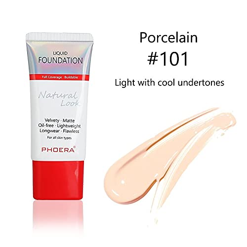 AQUAPURITY PHOERA Full Coverage Foundation New Formula Waterproof Long Lasting Oil Free Velvet Matte Liquid Foundation for Oily Skin Flawless Makeup Base Cream Concealer (101 Porcelain)-Velvo Beauty