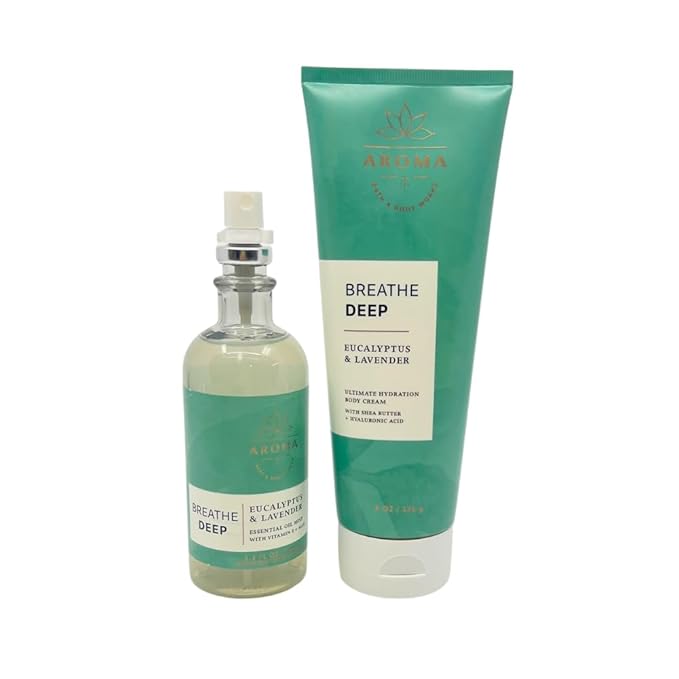 Bath & Body Works Aromatherapy Breathe Deep Eucalyptus & Lavender Gift Set with a Red Bow for Holidays & Gifts – Essential Oil Mist & Body Cream-Velvo Beauty