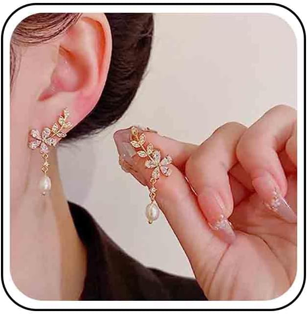 Vintage Crystal Flower Ear Climber Earrings Rhinestone Pearl Dangle Earrings Gold Cz Chain Tassel Earrings Sparkly Pearl Drop Earrings Jewelry for Women-Velvo Beauty