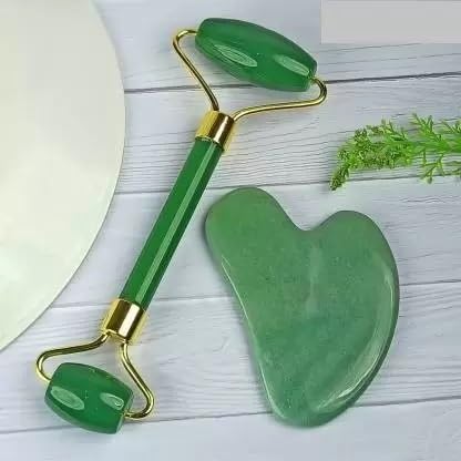 Green Jade Roller & Gua Sha Set, Face Roller Manual Massager,Green Jade Applicator for Face, Neck,Body Muscle,Relaxing, Stimulating Blood Flow, Relieve Fine Lines, Wrinkles,Green-Velvo Beauty