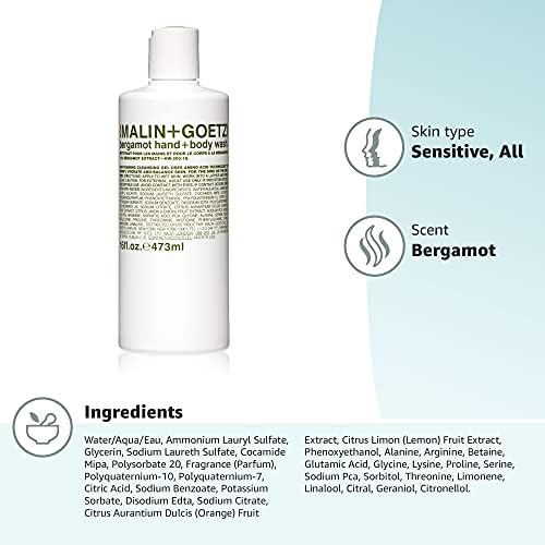 Malin + Goetz Essential Bergamot Purifying, Hydrating Hand + Body Wash, Natural Ingredients for All Skin Types, Soap for Sensitive, Dry Skin, No Stripping, Irritation, 16 Fl Oz-Velvo Beauty