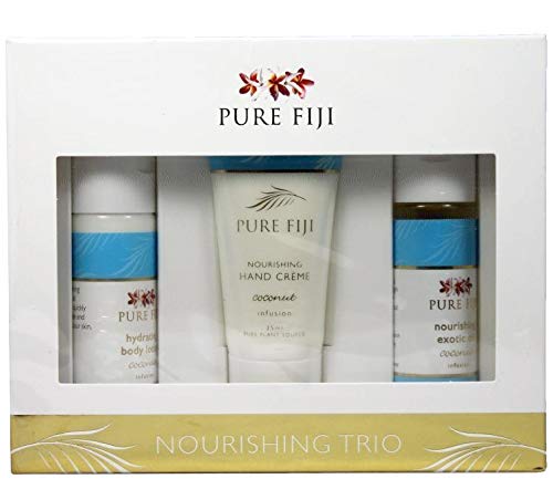 Pure Fiji Nourishing Trio, Ideal Spa Bath Gift Set for Women - Travel Kit - Includes Exotic Body Oil , Hydrating Body Lotion For Women and Nourishing Hand Cream, Coconut Scent-Velvo Beauty