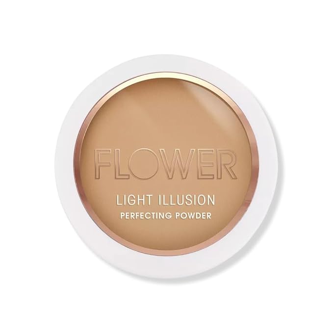 FLOWER Beauty By Drew Barrymore Light Illusion Perfecting Powder - Powder Foundation + Setting Powder for Makeup - Medium Buildable Coverage - Natural Glow + Flawless Finish - Mirror + Sponge Include d (Sable)-Velvo Beauty