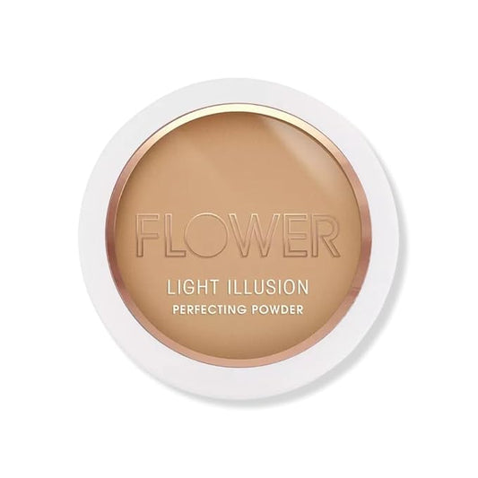 FLOWER Beauty By Drew Barrymore Light Illusion Perfecting Powder - Powder Foundation + Setting Powder for Makeup - Medium Buildable Coverage - Natural Glow + Flawless Finish - Mirror + Sponge Include d (Sable)-Velvo Beauty