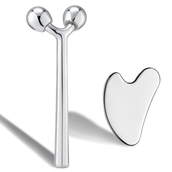 Tekson Facial Roller Massager, 3D Metal face Massage GuaSha Tool for Eye Reduce Puffiness, Face Lift, Anti-Aging, Skin Tightening-Velvo Beauty