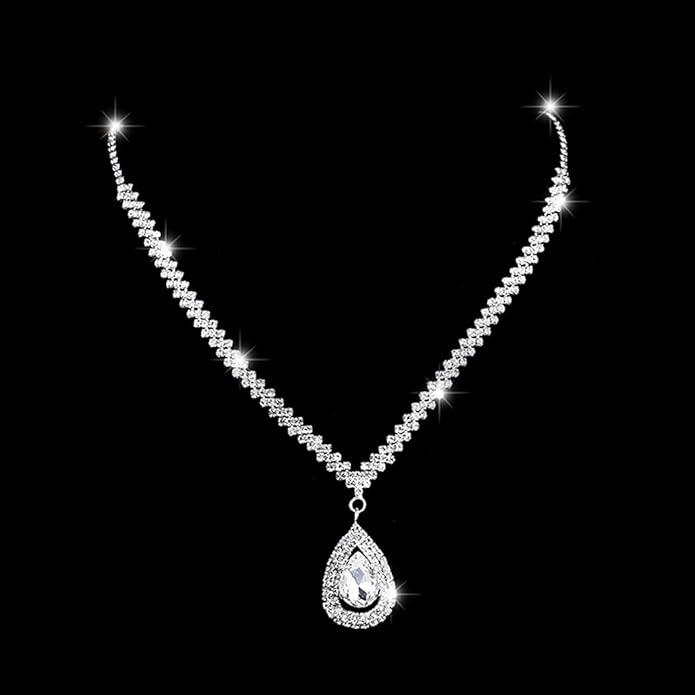 Bride Silver Necklace Earrings Set Rhinestone Wedding Jewelry Set Crystal Choker Necklace for Women-Velvo Beauty