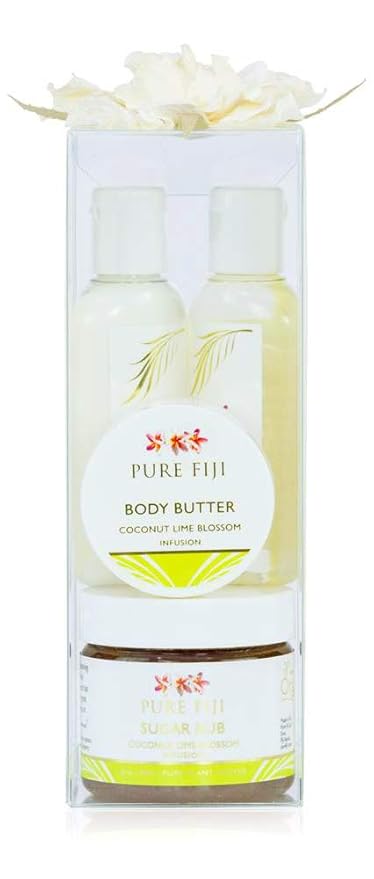 Pure Fiji Spa Gifts for Women and Man - Body Gift Box Include: Sugar Scrub , Bath and Body Oil, Body Butter and Body Lotion, Scent Coconut Lime Blossom-Velvo Beauty