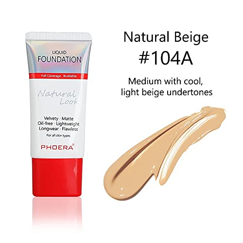 AQUAPURITY PHOERA Full Coverage Foundation New Formula Waterproof Long Lasting Oil Free Velvet Matte Liquid Foundation for Oily Skin Flawless Makeup Base Cream Concealer (104A Natural Beige)-Velvo Beauty